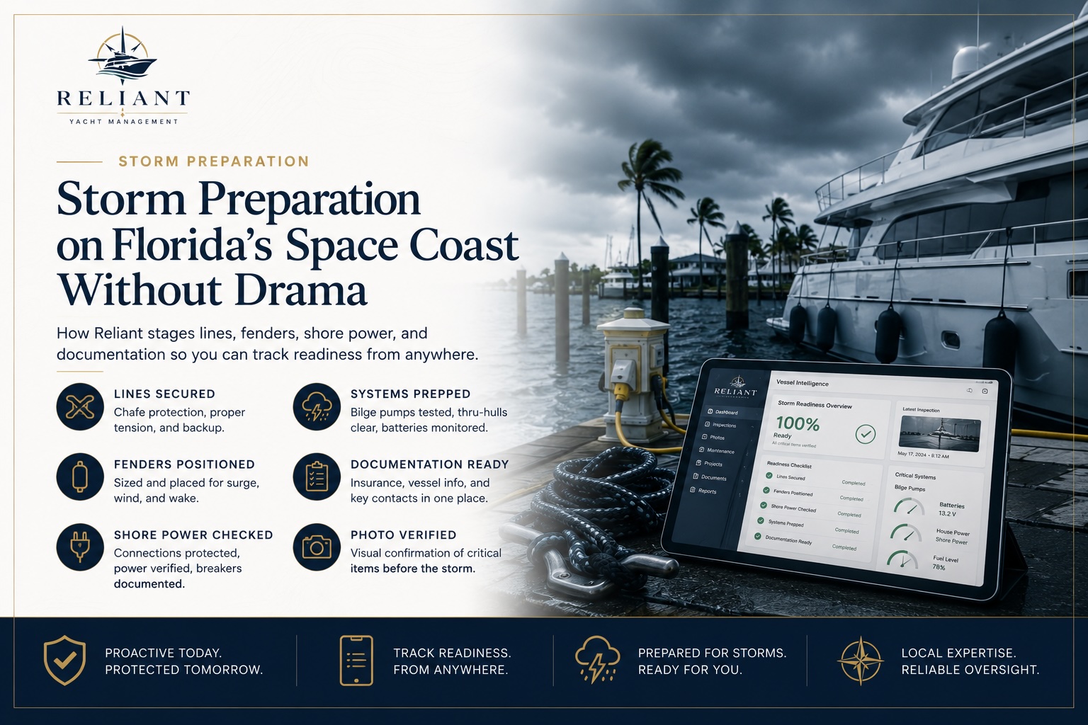 Storm preparation on Florida’s Space Coast without drama: how Reliant stages lines, fenders, shore power, and documentation so you can track readiness from anywhere